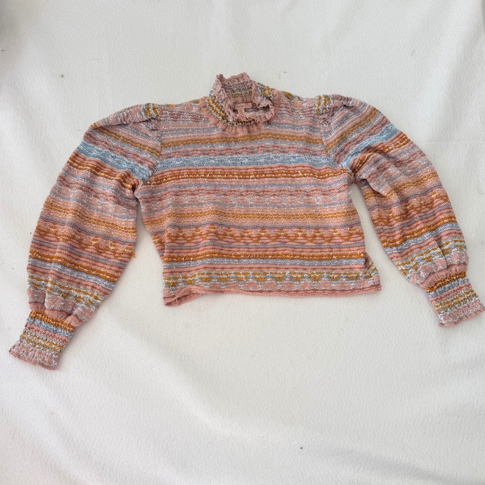Anthropologie Cecilia Prado Pink Striped Metallic Knit Puff Sleeve Sweater XL - Picture 4 of 9